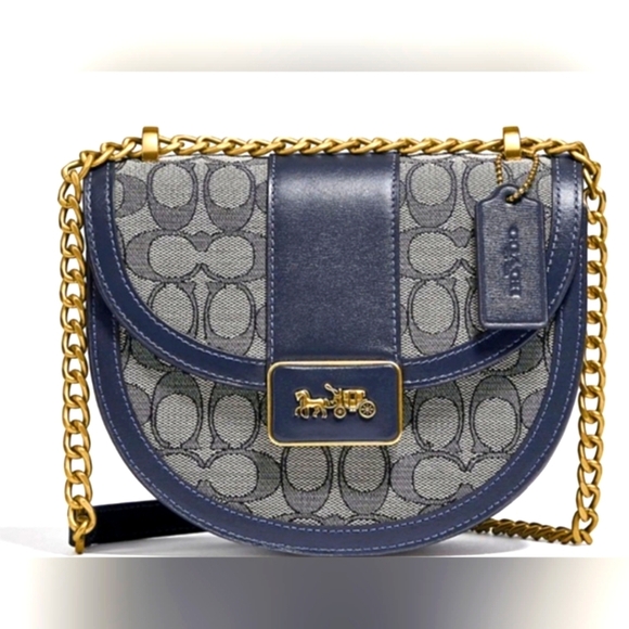Coach Alie Saddle Crossbody Bag Navy Blue and Gold Signature Jacquard Purse - Picture 7 of 13